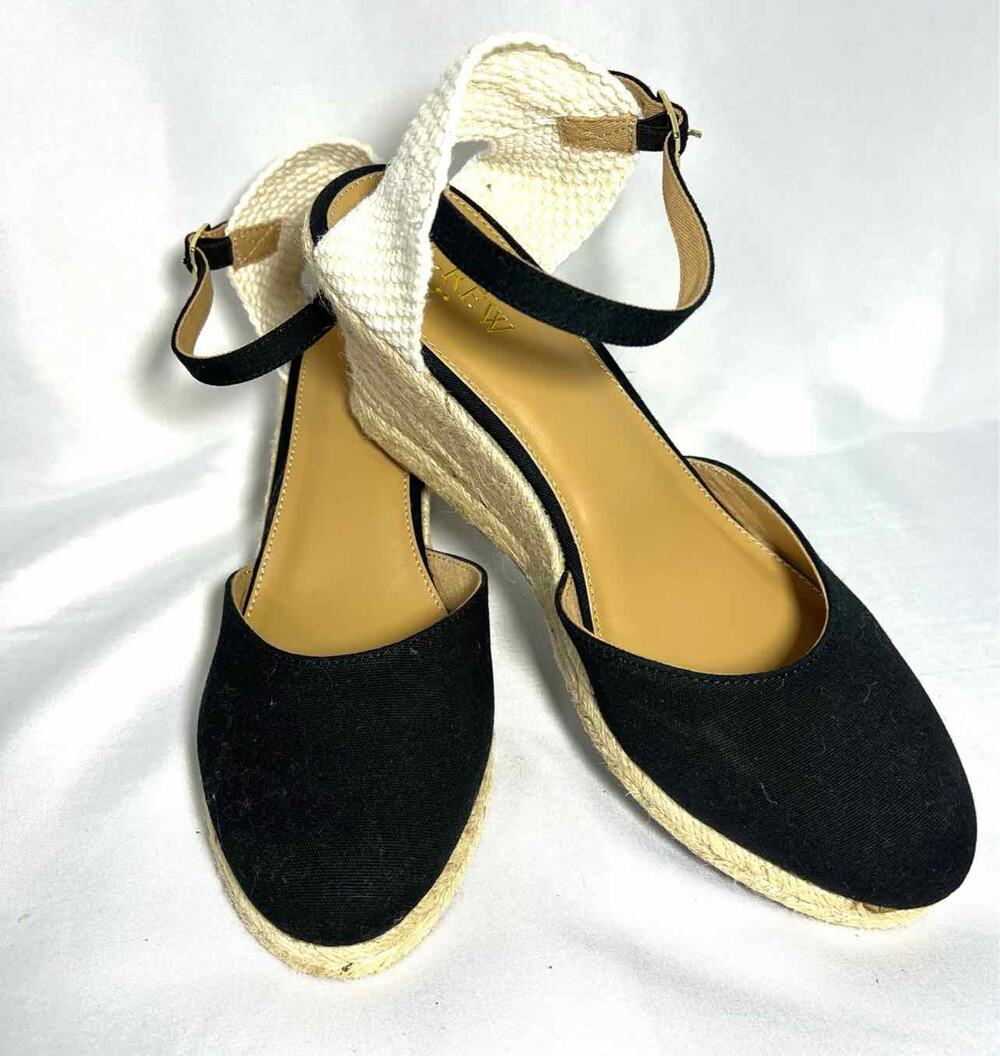 J.CREW Size 9.5 Black/White Ankle Strap Fabric Designer Wedge